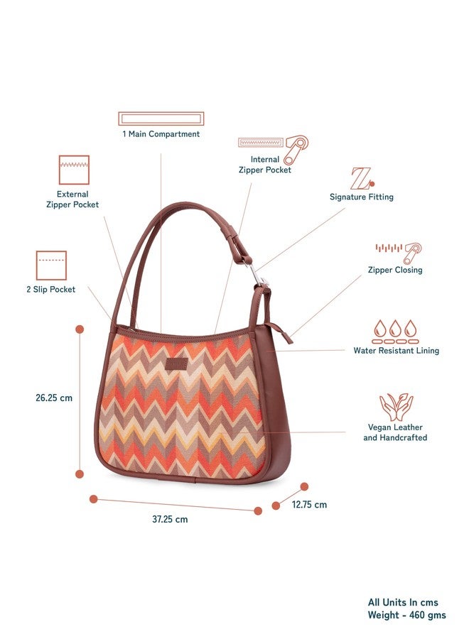 ZOUK Tidal Wave Printed Jute Handcrafted Vegan Leather Orange Women's Sleek Shoulder Bag |Hobo Bag| - Image 4